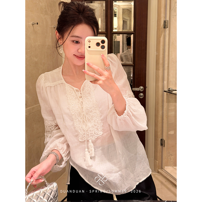 【Original 460, Now 359】Gardenia Tea, Ramie Heavy-Duty Patchwork Sequin Thread Embroidery Crochet Lazy-Style Shirt with a Relaxed Temperament 【Original 460, Now 359】Gardenia Tea, Ramie Heavy-Duty Patchwork Sequin Thread Embroidery Crochet Lazy-Style Shirt with a Relaxed Temperament