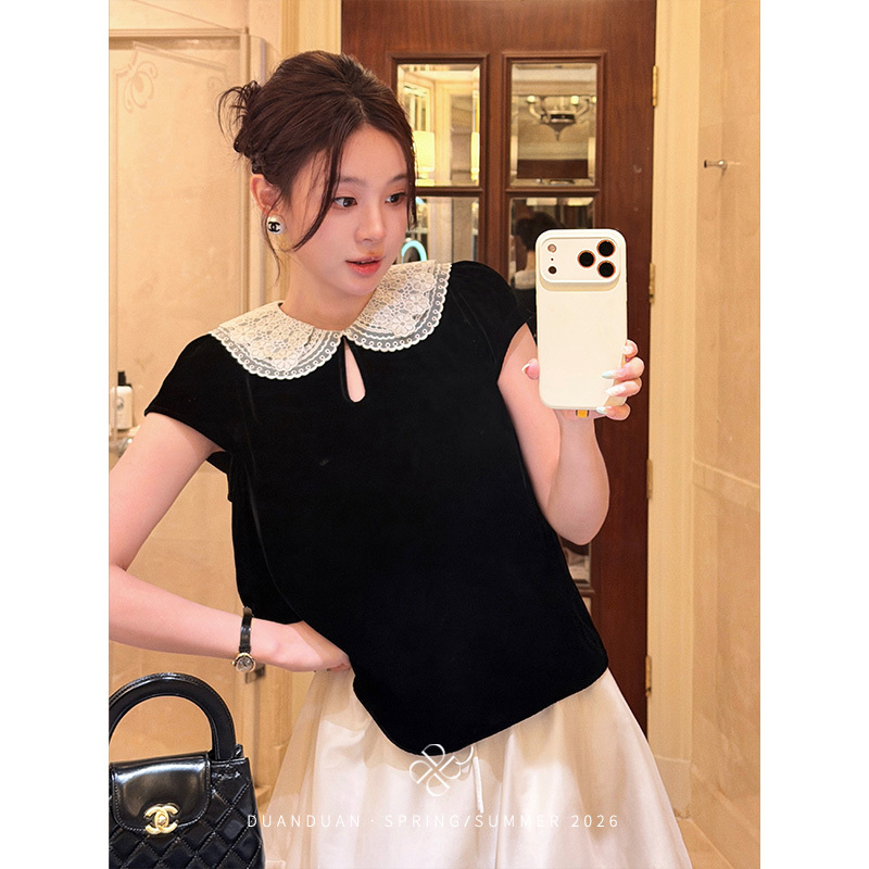 【Lillian】French-Style Light Luxury Silk Velvet Blouse with Petal Doll Collar, Summer Design Short Sleeves 【Lillian】French-Style Light Luxury Silk Velvet Blouse with Petal Doll Collar, Summer Design Short Sleeves