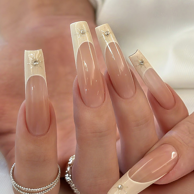 【Jingli】Handmade Wearable Nails in Nude Color with High-End White French Style and Sparkling Stars, 2025 New Model, High-End Light Luxury