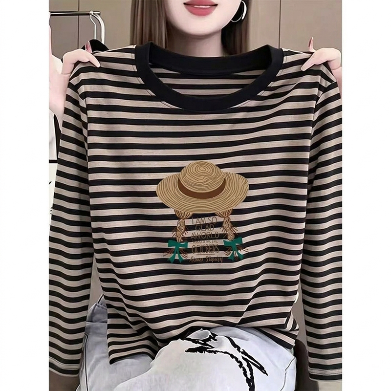 Striped Long-Sleeve T-Shirt for Women, 2026 Autumn and Winter New Style, Regular Shoulder, Round Neck, Stylish and Versatile Casual Base Shirt Striped Long-Sleeve T-Shirt for Women, 2026 Autumn and Winter New Style, Regular Shoulder, Round Neck, Stylish and Versatile Casual Base Shirt