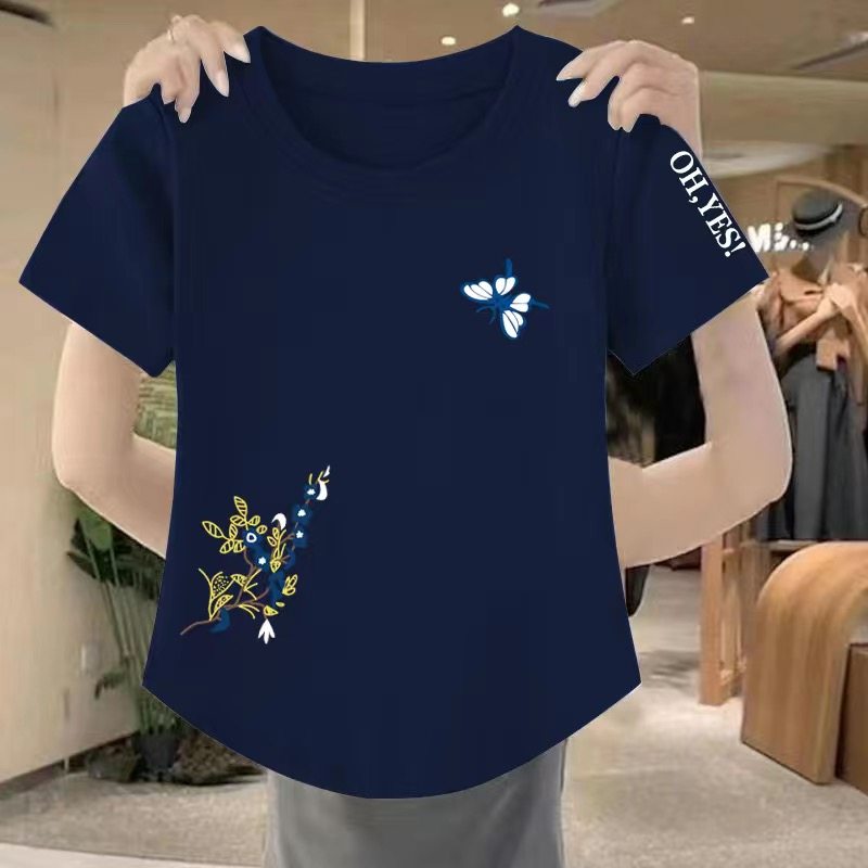 短袖t恤女夏季新款韩版宽松显瘦圆领百搭时尚印花不规则体恤衫女