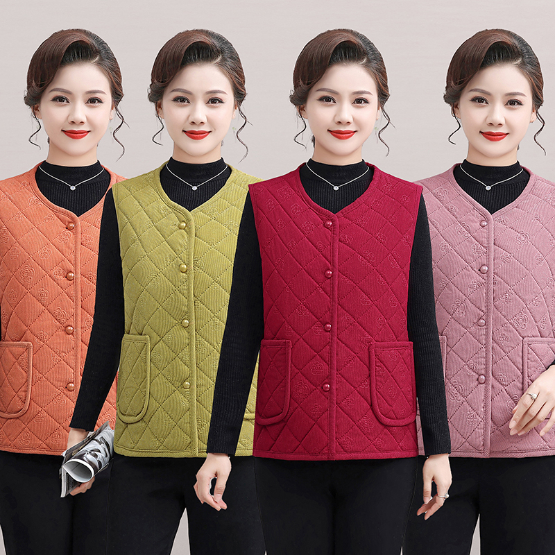 Middle-Aged and Elderly Women's Loose-Fitting Warm Corduroy Vest, Fashionable Mother's New Autumn and Winter Fleece-Lined Vest