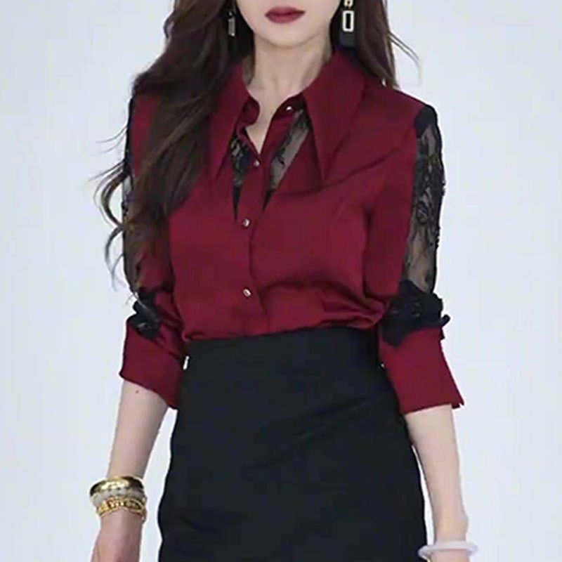 Red Shirt for Women, New Style, High-End, Light Luxury, French Fashion, Elegant Shirt, Feminine Lace Splicing Top