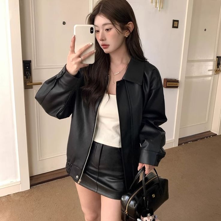 Black Pu Leather Jacket 2026 Spring New Style Motorcycle Loose Fashion High-End Soft Leather Retro Jacket Top for Women