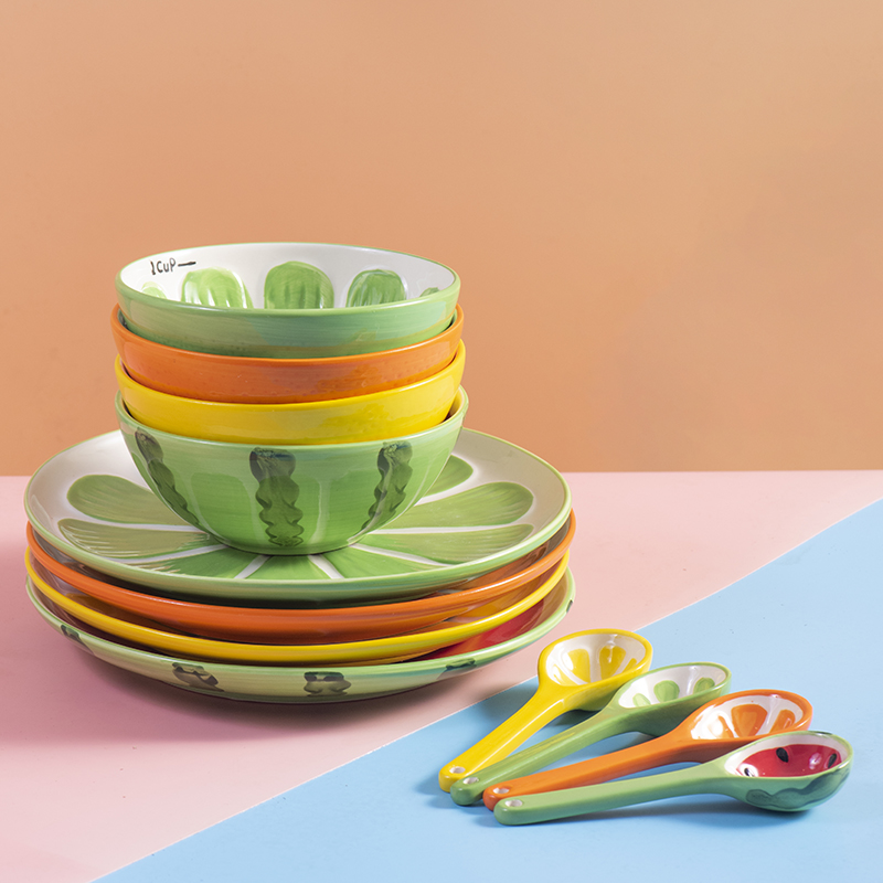 Use of cartoon creative fruit lemon ceramic tableware children home sweet watermelon orange suit single spoon, plate