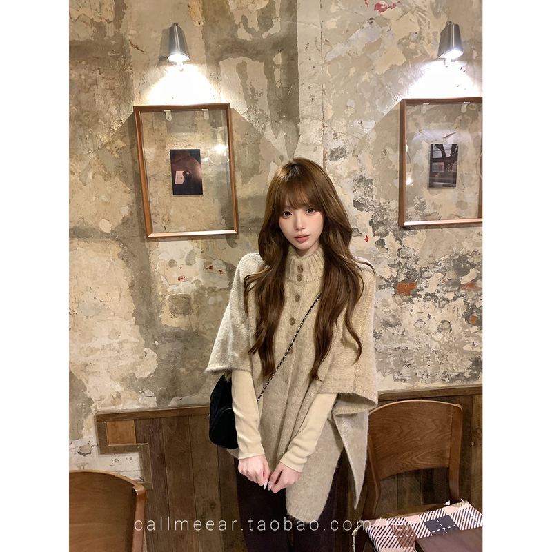 Callmeear/[Cape Sweater] High-Neck Cape Sweater/Long-Sleeved Half-High Collar Knitted Base Shirt for Women in Winter