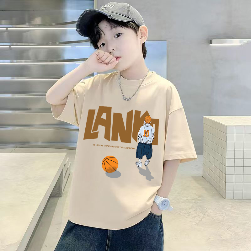 Boys' Sporty Casual Loose-Fitting Shirt for Older Children, Stylish Pure Cotton Half-Sleeve T-Shirt for Boys, Back-To-School Season