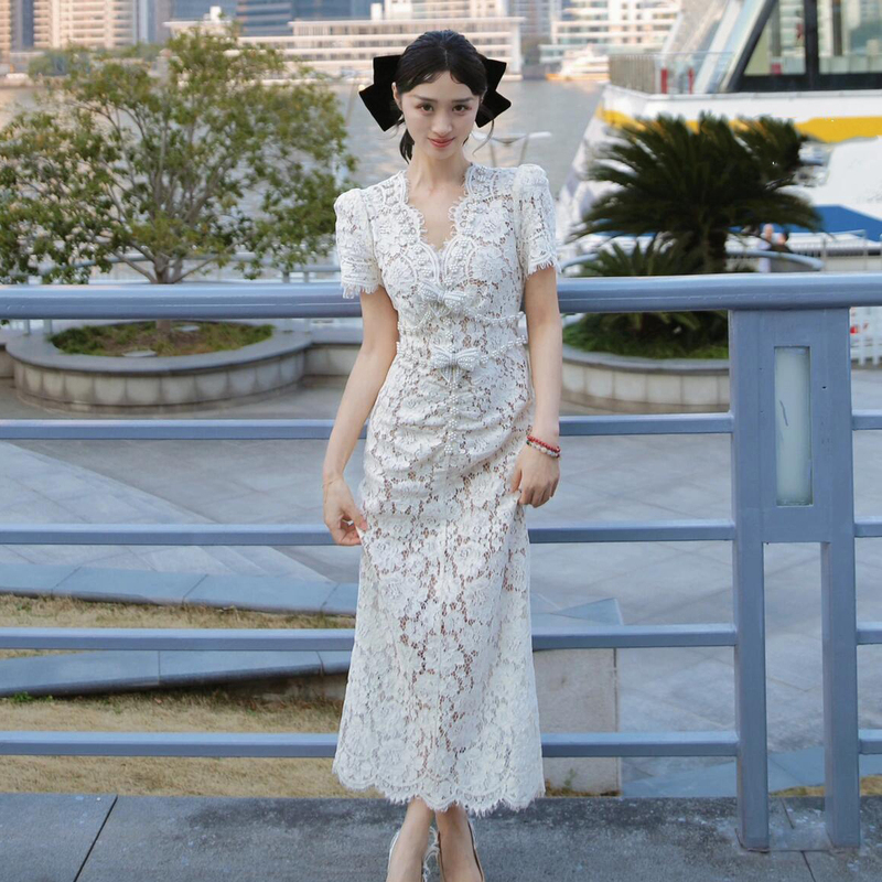 In Stock Selfsp 2026 Spring/Summer Luxury Haute Couture New Ivory White Lace V-Neck Dress