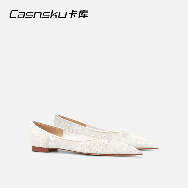 Casnsku Kaku Comfortable White Lace Pointed Toe Shallow Cutout Low Heel Flat Shoes Bridal Shoes Wedding Shoes Two-Way Wear