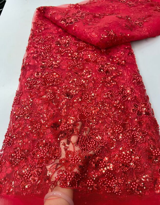 Bright Red Embroidered Red Mesh Beaded Sequin Dress Clothing Wedding Dress Lace Fabric Material Trim