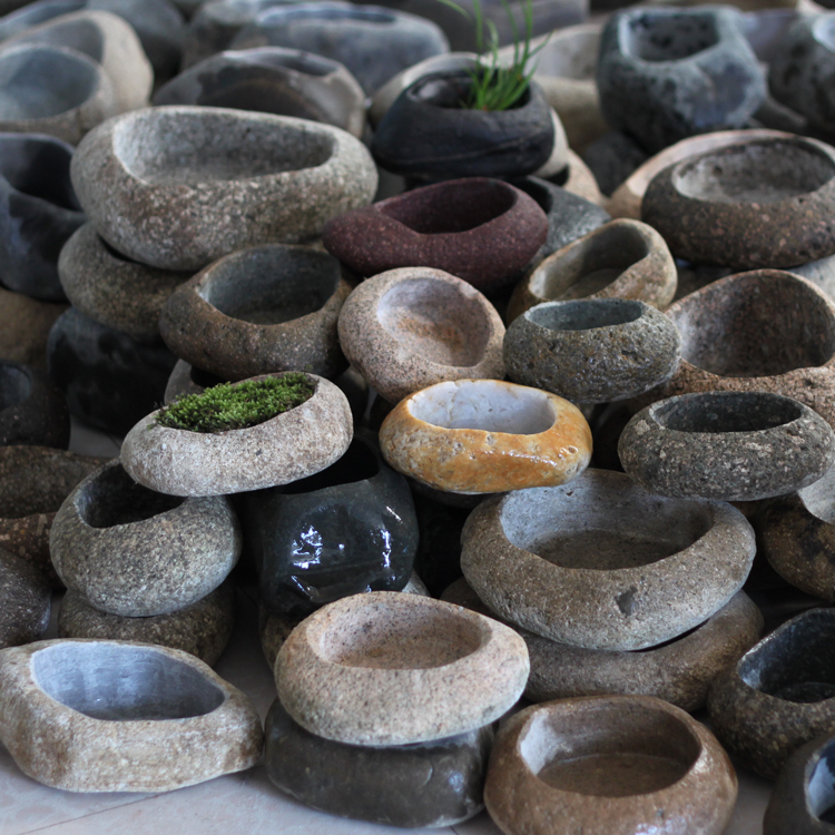Stone Flower Pots, Creative Flower Pots Made of Pebbles, Pots for Calamus and Pennywort, Zen-Style Bonsai, Natural Raw Stone Hydroponic Plants