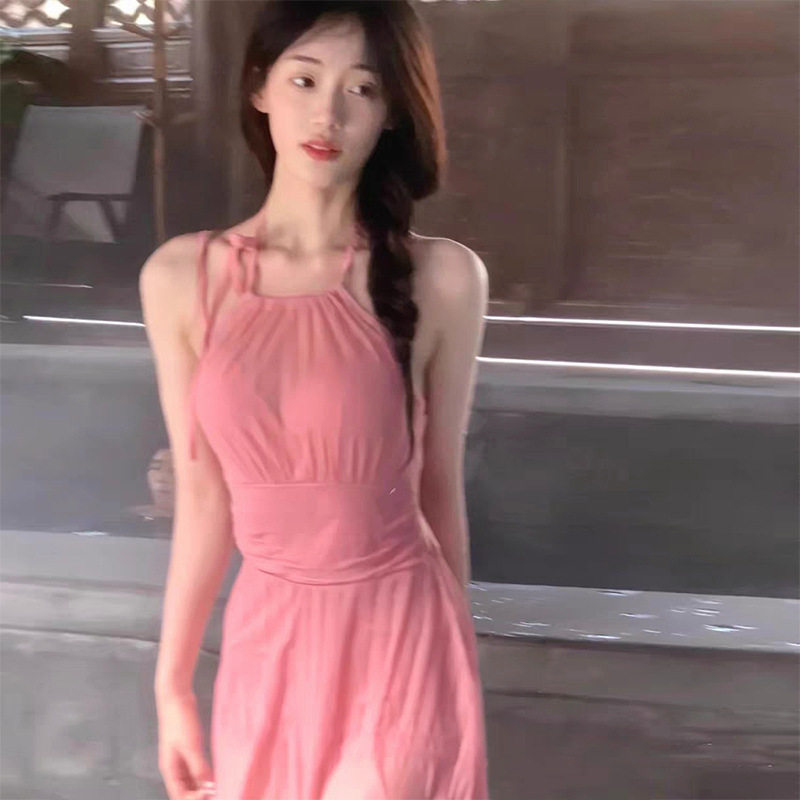 Women's high-end sexy suspender small breasts gathered and conservative belly-covering and slimming dress-style hot spring swimsuit