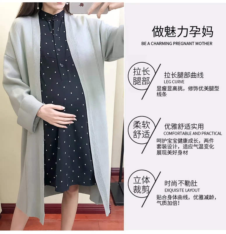 Bộ đồ bà bầu xuân hè 2019 cho bà bầu áo len đầm chấm bi khí chất cỡ lớn áo hai dây cardigan quần áo bà bầu công sở