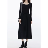 Черный осенний лонгслив, трикотажное платье, длинная юбка, французский стиль, квадратный вырез, изысканный стиль, подходит для подростков