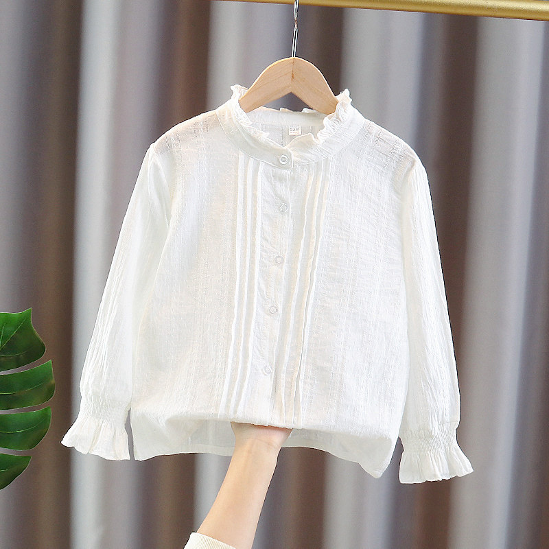 女の子用長袖白春秋子供服ベースレイヤー純綿トリムスタンドカラーベルスリーブ子供シャツ薄手スタイル
