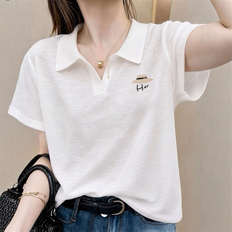 2026 New Summer Bamboo Cotton Polo Collar White Short-Sleeved T-Shirt for Women, Loose and Slimming Design, Age-Reducing Top 2026 New Summer Bamboo Cotton Polo Collar White Short-Sleeved T-Shirt for Women, Loose and Slimming Design, Age-Reducing Top