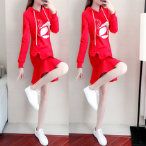 Hooded Sweatshirt Womens Autumn and Winter Long 2021 New Loose Korean Ruffles Slim Long Sleeve Casual Dress