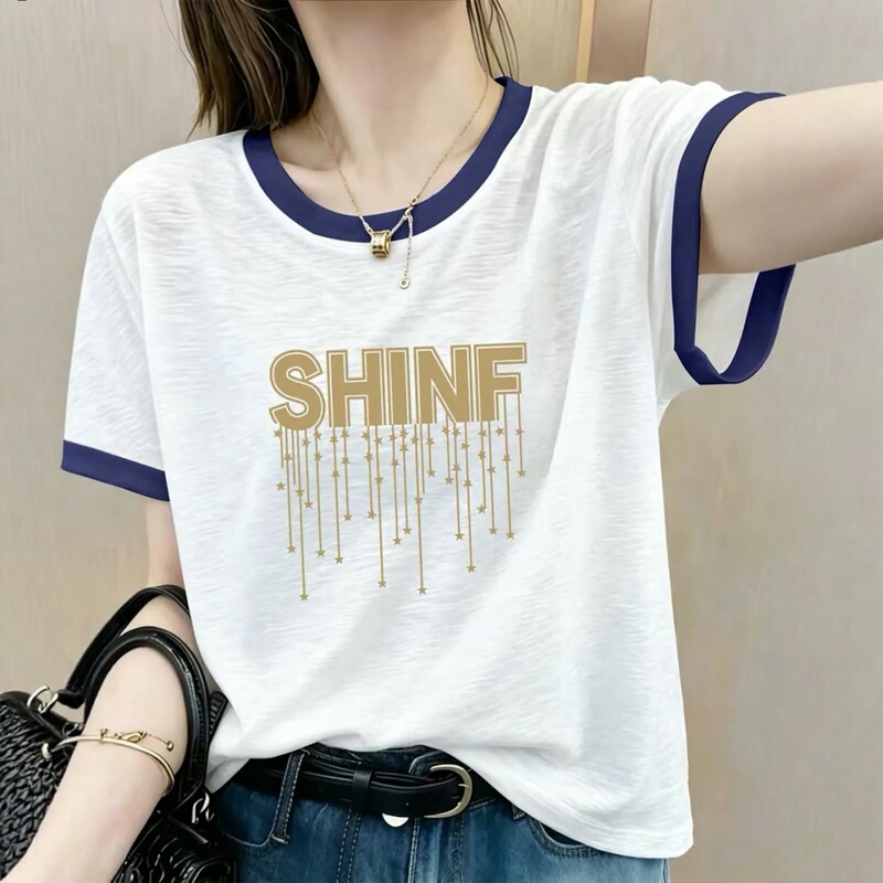 European Style Color-Block Printed Short-Sleeve T-Shirt for Women, 2026 New Summer Loose Casual Style, Round Neck, Loose and Slimming Top