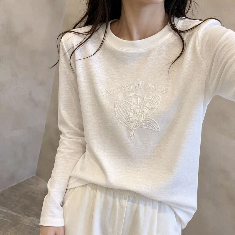 Snowflake Cotton Embroidered White Long-Sleeve T-Shirt for Women, 2026 New Autumn Loose-Fitting Elegant Inner Layer Top, Trendy Snowflake Cotton Embroidered White Long-Sleeve T-Shirt for Women, 2026 New Autumn Loose-Fitting Elegant Inner Layer Top, Trendy