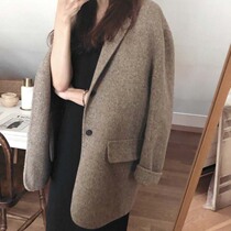 Woolen blazer womens mid-length Korean version of the 2021 autumn and winter new retro herringbone loose thickened small suit