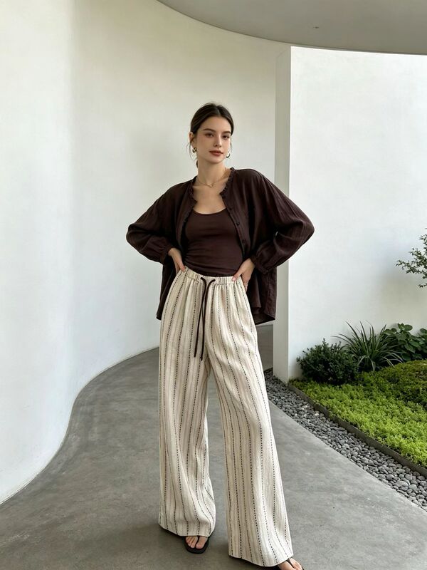 High-Quality [Old Money Style Relaxed Fit] 100% Linen Ebony Purple Contrast Striped Straight-Leg Pants with Quality Inspection Report