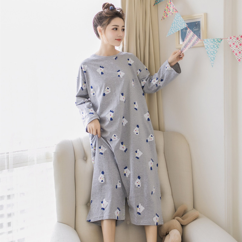 Phiên bản Hàn Quốc của váy ngủ dài tay nữ mùa thu cotton dễ thương cho học sinh mặc đồ ngủ liền quần rộng cỡ hai mặc dịch vụ mặc nhà váy mặc nhà dễ thương