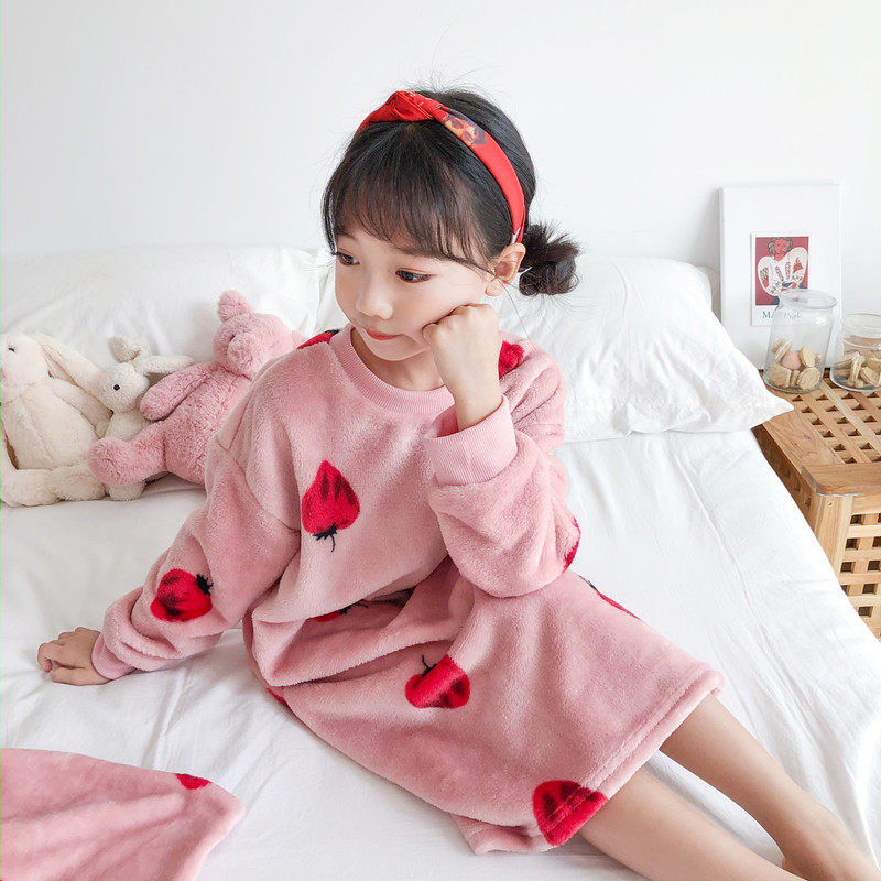 Children's Coral Fleet Sleeping Dress Girl Autumn Winter Fashion Frank Pajamas Girl Cartoon Warm Connected Home Dress