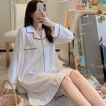 Spring and Autumn Thin Sleepy Dress Female Female White Boyfriend Wind Long Connected Pajamas Shirt Home Dress