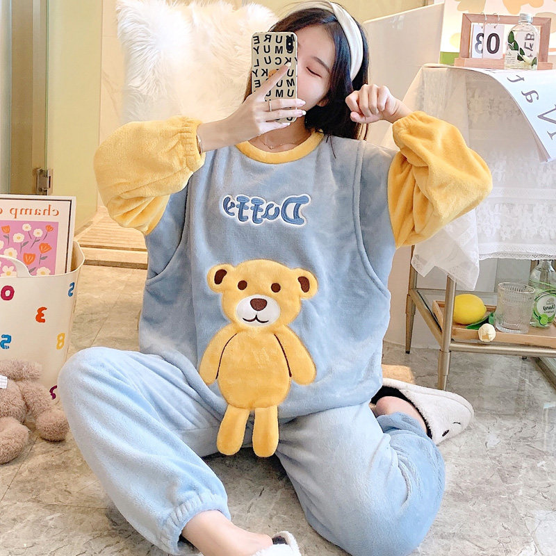 Autumn and winter models plus velvet thickened pregnant women breastfeeding pajamas warm flannel confinement clothing postpartum coral fleece nursing suit