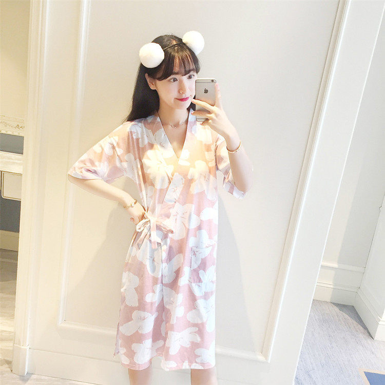Summer Japanese kimono pure cotton nightgown pajamas women's summer short-sleeved cardigan nightdress women's sweet and lovely thin section home service