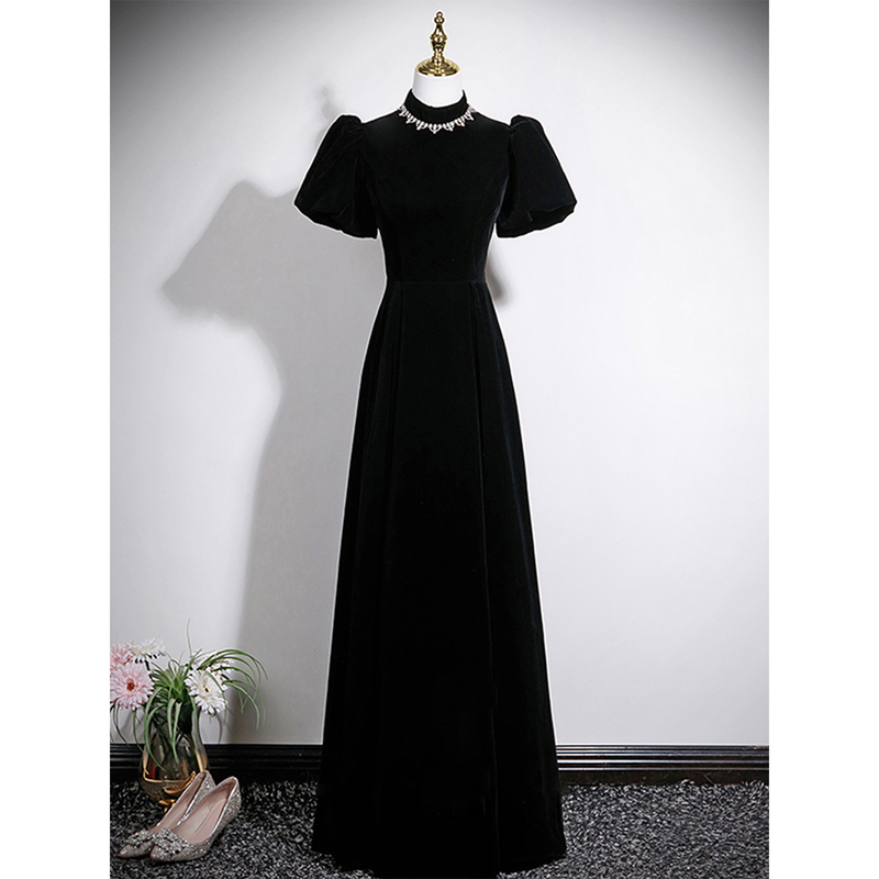 Black Evening Dress for Women, Velvet, High-End, Elegant, Socialite, Banquet Host, Choir Performance Costume, High-End Niche