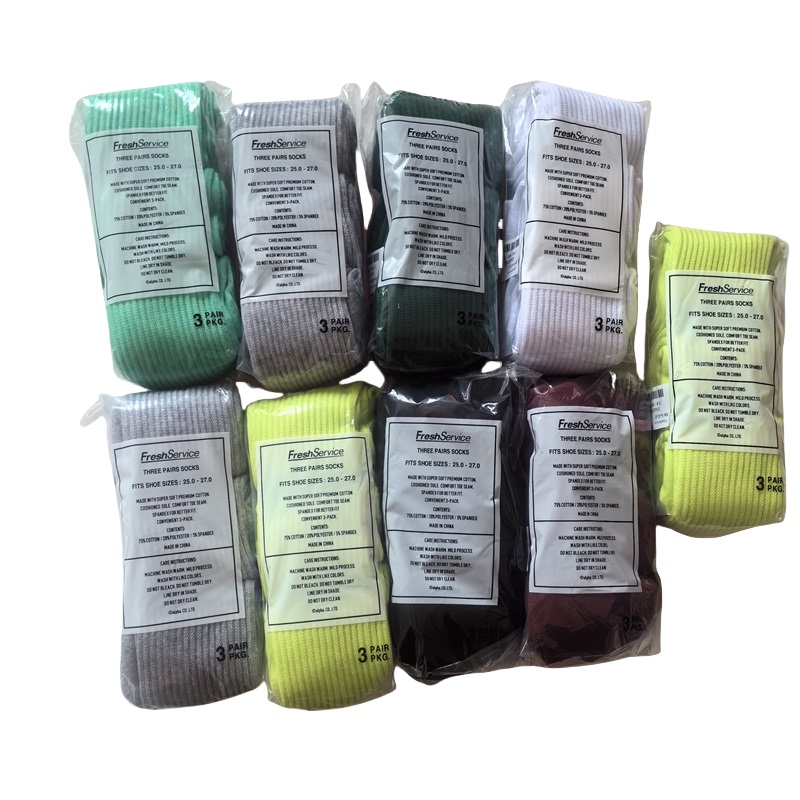  Pairs of Freshservice Pure Cotton Ribbed Knit Socks for Men and Women, Solid Color Sports Towel Socks