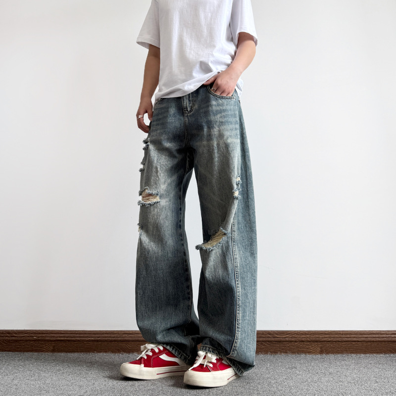 Fishball American High Street Cool Ripped Jeans Versatile Vintage Vibe Straight-Leg Jeans for Men and Women