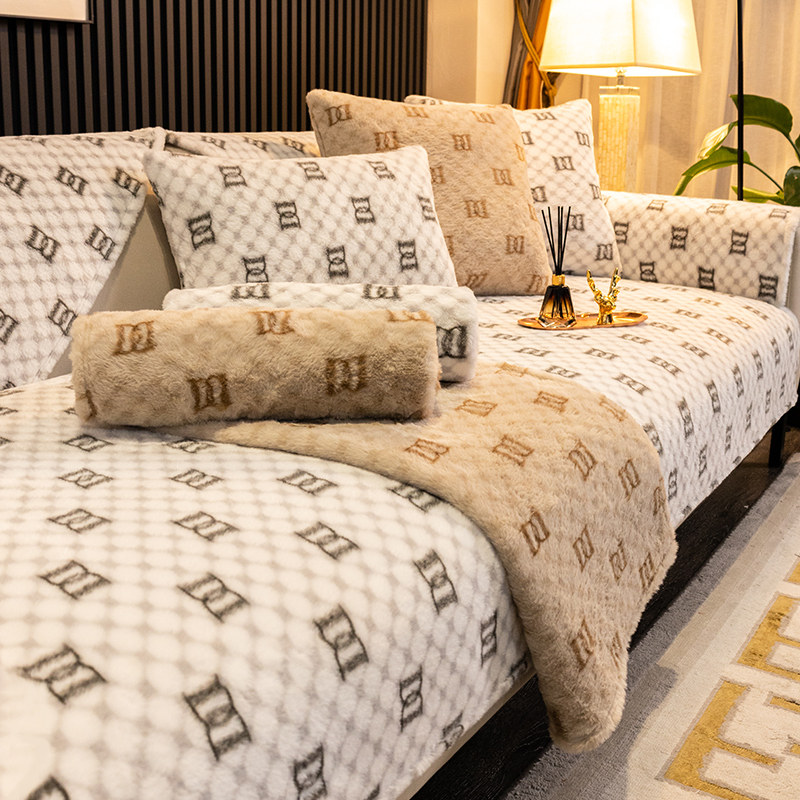 Nordic rabbit plush sofa cushion winter style thickened non-slip light luxury wind high-end winter leather cushion cover towel cover cloth