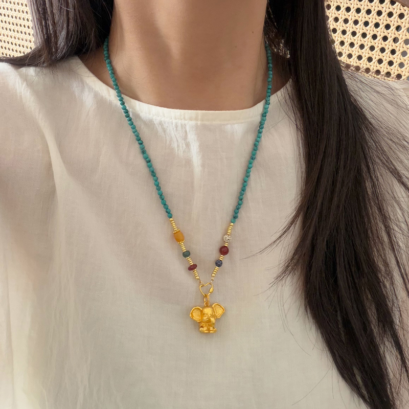 Original Design Natural Turquoise 3mm High-Quality New Chinese Style Long Sweater Chain Gold Pendant Rope Girlfriend Gift