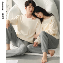 2022 new couple pajamas spring and autumn cotton long sleeve homewear men and women fall solid color plus size set