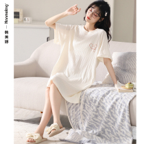2022 new nightgown womens summer cotton short-sleeved large size can be worn outside cotton pajamas summer thin womens skirt spring and autumn