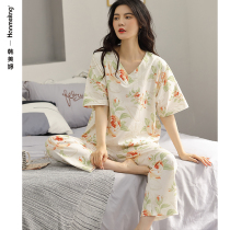 2022 new pajamas womens summer cotton short-sleeved trousers spring and autumn thin two-piece set of plus-size homewear set