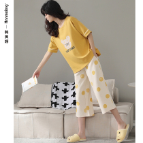 Pajamas Women Summer Cotton 2022 New Cotton Short Sleeves Cropped Pants Home Wear Spring and Autumn Plus Size Two Set