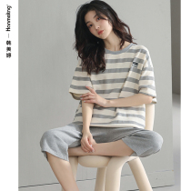 Summer 2022 pajamas womens cotton stripes can be worn outside the homewear spring and summer short-sleeved cropped pants two-piece set