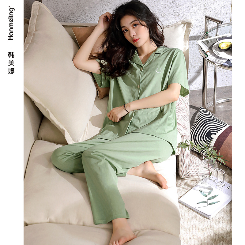 Pure Cotton Pyjamas Woman 2022 New Summer Slim short sleeves Long pants Home Cardigan Cardigan Superior Spring Autumn Suit