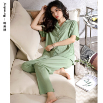 Pure Cotton Pyjamas Woman 2022 New Summer Slim short sleeves Long pants Home Cardigan Cardigan Superior Spring Autumn Suit