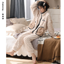 Pajamas ladies autumn and winter thick high neck neck cord coral fleece home clothes winter warm flannnel two-piece set