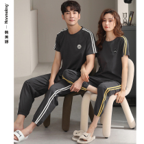 Couples pajamas spring and summer cotton casual sports home wear men and womens spring and autumn short sleeves long pants plus size set