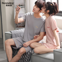 Summer pajamas couple short sleeves cotton simple striped thin shorts mens and womens pullover homewear cotton set