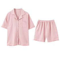 Waffle pajamas for women 2024 summer new pure cotton sweet cardigan home wear summer short-sleeved shorts suit