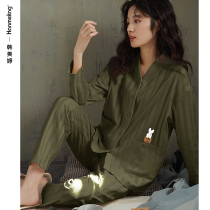 Pajamas womens spring and autumn thin long sleeves two-piece set autumn and winter cotton casual cardigan plus size ladies homewear