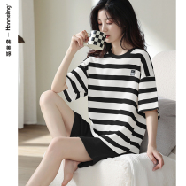 Pure Cotton Pyjamas Women Summer Short Sleeves Shorts Slim big code Home Clothing Stripes Extras Wear Suits 2022 New