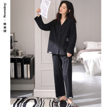 Pyjamas Womens Spring 2022 Long Sleeve Cotton Lapels Black Loungewear Cotton Plus Size Fall Winter Set