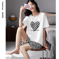 Sleepwear Women Summer Slim 2022 New pure cotton short sleeves Big code Home Summer Chessboard Grid Shorts Suit